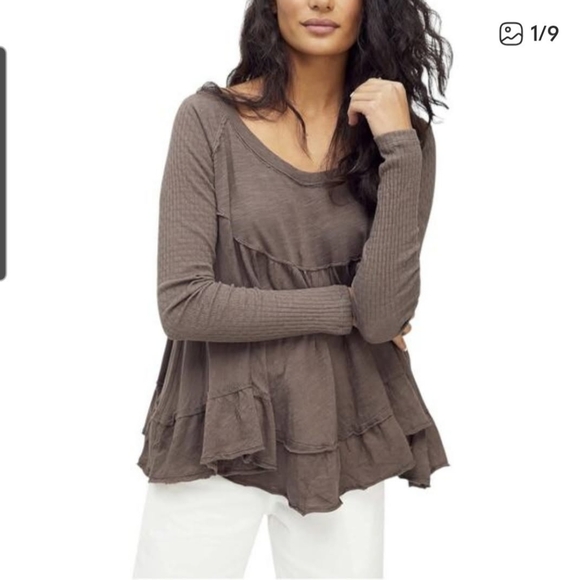 We The Free Tops - We The Free Free People Boho Babydoll Sundae Fitted Ribbed Sleeve Raven Feather